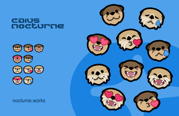 Minimalist vector emoji of sea and river otters in a variety of emoji expressions, mirroring the same expressions with slight changes between them. They're depicted in a small grid to the left and in a large and scattered arrangement on the right. Above and below the left grid is the designer's logotype (Caius Nocturne) and their URL - nocturne.works.