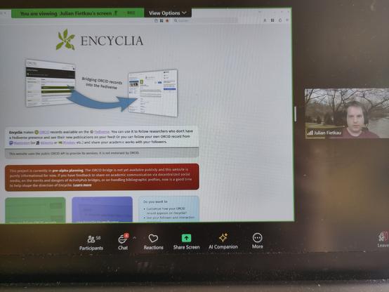 Julian presenting Encyclia at Fediforum. You see a screenshare and Julians camera.