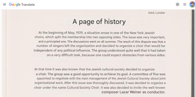 screenshot of output from Google translate in English.
A Page of history. it's a descrption of a choir founded in 1929.