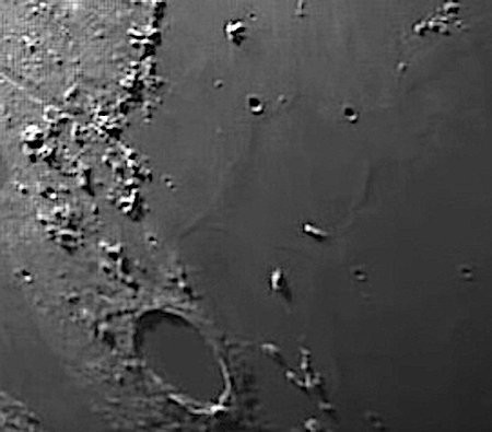 Plato Crater and Alpine Valley region of the moon. Taken with a 6 inch f/5 Newtonian telescope.