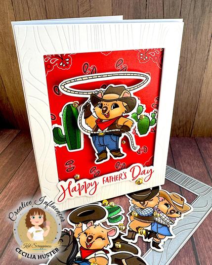 A greeting card featuring a cartoon cowboy quokka twirling a lasso above its head. The quokka is shown against a red background with cacti. The background is framed by a white woodgrain frame. At the bottom of the frame the sentiment reads "Happy Father's Day."