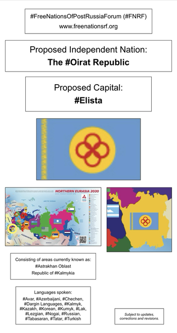 Information, flag, and maps showing proposed independent nation of The Oirat Republic (from the website of the Free Nations of Post-Russia Forum).