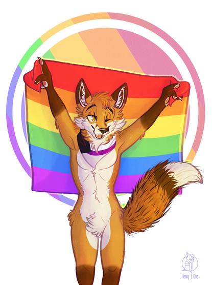 Furry art of me holding a pride flag behind my back and giving off a wink celebrating Pride month