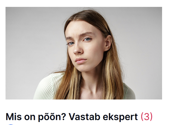 Meile vaatab otsa naisterahvas, veits murelik-põlglik-asjalikul ilmel. Pikad langevad pruunid juuksed, keskmiselt lopsakamad huuled ja pigem tugevad kulmud. Seljas valge kampsun.

Pealkiri: "Mis on põõn? Vastab ekspert"