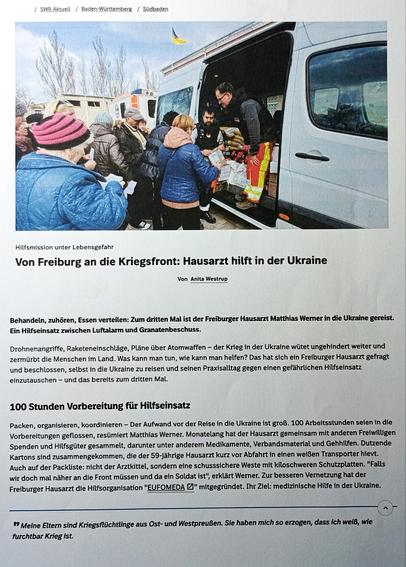 Drei Seiten eines Beitrags über die Hilfseinsätze der EUFOMEDA in frontnahen Gebieten der Ukraine.