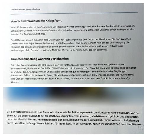 Drei Seiten eines Beitrags über die Hilfseinsätze der EUFOMEDA in frontnahen Gebieten der Ukraine.