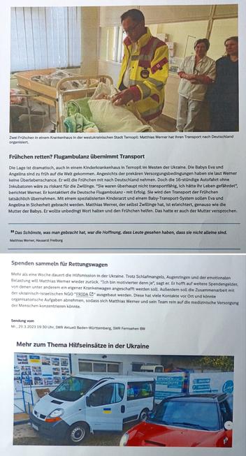 Drei Seiten eines Beitrags über die Hilfseinsätze der EUFOMEDA in frontnahen Gebieten der Ukraine.