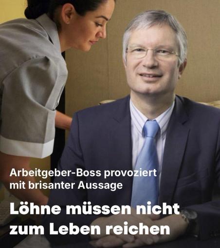 Ein Anzugträger – vermutlich ein Arbeitgebervertreter – sitzt selbstzufrieden im Vordergrund. Hinter ihm beugt sich eine Hotelangestellte oder Reinigungskraft demütig über den Tisch, als Sinnbild für die unsichtbare Arbeitsleistung im Niedriglohnbereich.
Der Bildtext lautet provokant:
„Löhne müssen nicht zum Leben reichen“ – eine Aussage, die kalte Arroganz und soziale Ignoranz in einer Giergesellschaft verkörpert.

Das Bild steht sinnbildlich für eine entmenschlichte Ökonomie, in der Leistung nicht mit Würde, sondern mit Abwertung belohnt wird. Eine Momentaufnahme aus dem Kali Yuga der sozialen Empathielosigkeit.

⸻

📸 Image Description (English):

A man in a business suit – likely representing corporate leadership – sits confidently in the foreground. Behind him, a cleaning or service worker leans over a table, symbolizing the invisible labor force behind the system.
The headline reads provocatively:
“Wages don’t need to cover the cost of living.”
A statement that reflects cold arrogance and systemic inhumanity in an age of greed.

This image captures a moment from an era where profit trumps dignity – a visual metaphor for a society drifting away from compassion and justice.
🖖