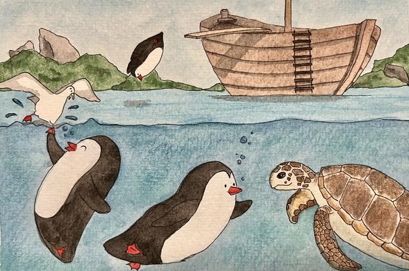 Illustration of three penguins swimming in the ocean meeting a new friend the sea turtle.