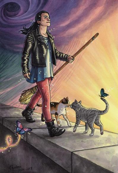 Ink and watercolor illustration of a witch walking on a stone path with storm skies behind them, and sunlight coming from in front of them. They have sparkles coming off them, there's a magical butterfly flying nearby, and there are two cats booping noses on the path.