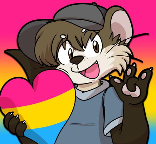 Spobby holding up a Pansexual colored heart while giving horn signs to the viewer.