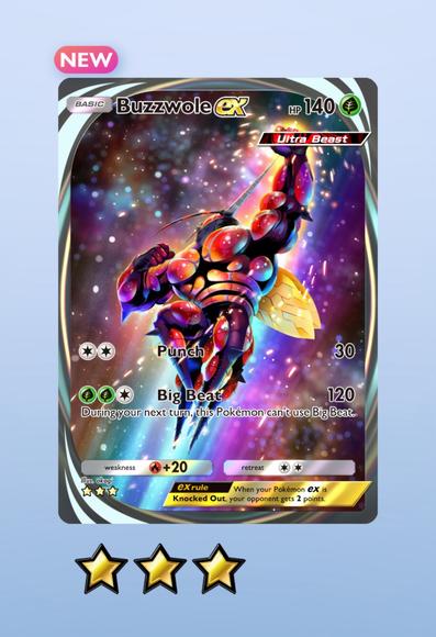 Screenshot from the game Pokémon TCG Pocket showing a newly acquired full art immersive Buzzwole EX card