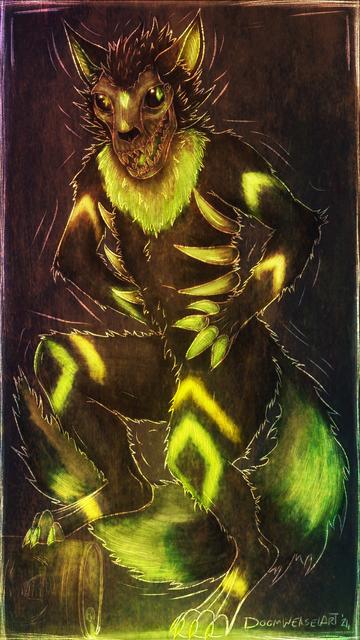 Dark stylized illustration of a anthro Skulldog with glowing fur and odd eyes with triangle/cross pupils.
They are stood with one foot resting on a barrel leaking glowing liquid on the ground.

Commission for AxelotleCos