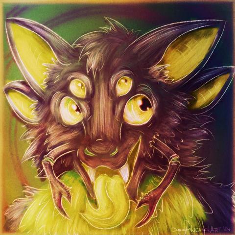 Colourful icon of a cat, dragon, insect hybrid with dark fur, mandables, two sets ears and two sets of bright green eyes 
Commission for SoggyFlipFlop