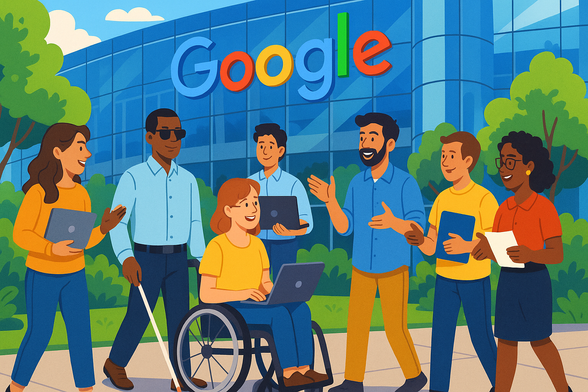 The cover image shows a diverse group of people—including disabled technologists—collaborating outside Google HQ.