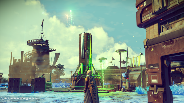 An image of my hostile, frozen settlement with the newly added fireworks for completed events. Laylaps and the character are looking on at them.