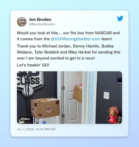 Would you look at this... our firs box from NASCAR and it comes from the @23XIRacing team!

Thank you to Michael Jordan, Denny Hamlin, Bubba Wallace, Tyler Reddick and Riley Herbst for sending this over I am beyond excited to get to a race!

Let's freakin' GO! https://t.co/BFwRT5HwH0