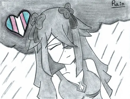 A drawing of my avatar with a trans heart above her head. She is smiling warmy at the observer ad she stands in the rain~