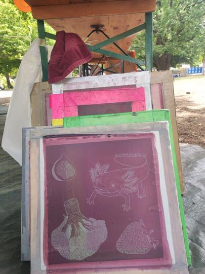 Screens for screen printing, the one in the front shows an axolotl, a broccoli, a strawberry and a fig; the screens lean against a table, which can be seen from below in the background.