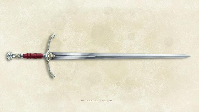Illustration of a longsword. The guard and pommel are silver with tiny golden details. The hilt is wrapped in dark red leather.
