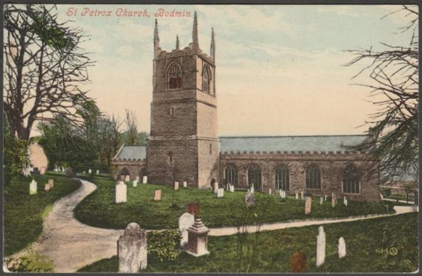 Printed colour postcard showing a view of St Petrox or St Petroc's Church at Bodmin in Cornwall.

Published by Valentine & Sons Ltd, Dundee & London, Valentine's Series, No 36816, photo registered in 1902.

Postally used on 11 December 1906 with double circle Bodmin cancellation on green halfpenny stamp and sent to Mrs Gibson, Anadene, Upland Terrace, Falmouth.

Very good condition, with slight corner bumps.