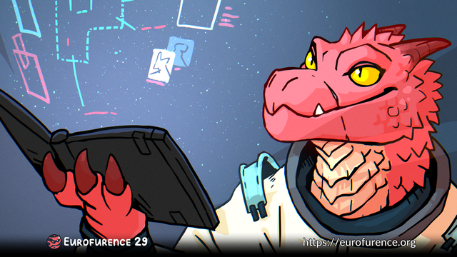 We can see a big red humanoid lizard, in sci-fi clothes, holding a book-like device in front of him, which is projecting various images like a hologram.
In the bottom left, we can see the EF logo with the text "Eurofurence 29" and in the right corner a link to "https://eurofurence.org"
Art by https://raironu.art/