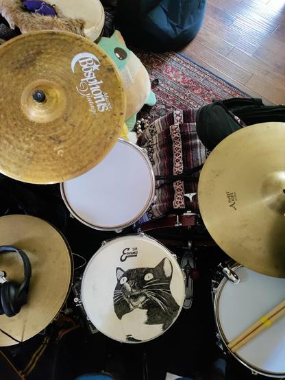 Drum set pictured from directly above. The snare drum head has a hand drawn picture of a menacing tuxedo cat face. Menacing in a super cute way.