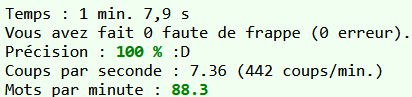 Temps : 1 min. 7,9 s
Vous avez fait 0 faute de frappe (0 erreur).
Précision : 100 % :D
Coups par seconde : 7.36 (442 coups/min.)
Mots par minute : 88.3.