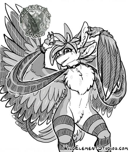 A hipup of an avali character with one arm wing stretches up with paw by their head, and the other curved with feathers closer to the body as they dance. They have thigh high striped socks and a collar that attaches to loose fabric connected to bracelets on their wrist. They are smiling at you.