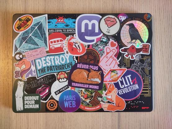 Photo du dos d'un ordinateur portable recouvert d'une trentaine d'autocollants. On peut y voir 5 renards, deux oiseaux, plein de couleurs. On peut y lire "Rêver plus travailler moins", "Accessibility is inclusion", "Paris Web", "Debout pour demain", "radio5050.com", "EFF", "Zero Fox Given", "Un livre et une tasse de thé", "Mission Cyber Crow", "Clit Revolution", "Eat the Rich", "Destroy the patriarchy", "go vegan", "anti fascist book club", "try ruby", "welcome to space", "keep a changelog", "Metric", ...