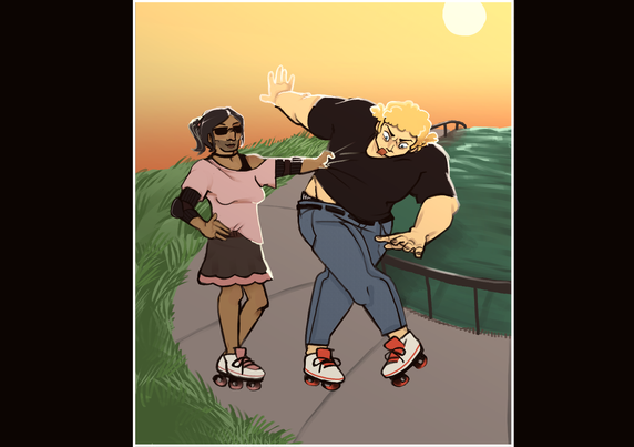 Hunter Gathers and Brock Samson from Venture Bros skating by a lake.