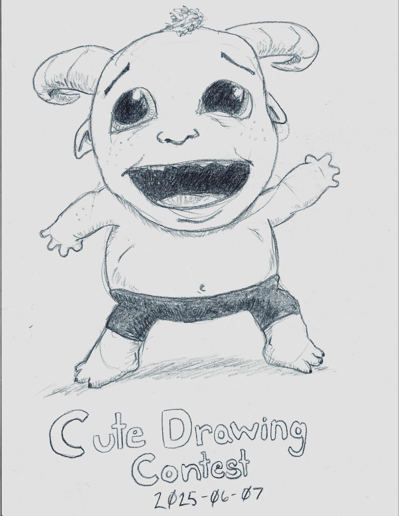 Doodle of a goblin character whose head is about the same size as the rest of its body, giving it the appearance of a toddler. It seems to be barely standing on its stubby little legs and appears to be waving with its stubby little arm. But it's possible it's just trying to maintain its balance. It has some curly horns and a curly patch of hair with droopy ears. It has big eyes and a friendly open expression on its face, but you might still want to be wary of it.