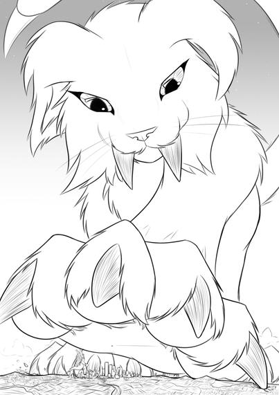 Fang the feral smilodon, now big enough that his paws dwarf cities. With his paw curled over an entire city about to step on it. In the city is a macro Kaiju named Zoey.