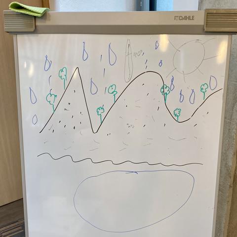 Schnappschuss einer Flipchart, auf der Kante oben liegt ein feuchter Lappen: Gezeichnet ist eine große Halb-zickzack-halb-Wellen-Linie mit starken Ausschlägen. Diese Formation ist gepunktet, und es stehen kleine grüne Bäume darauf (das sind sicher Bäume). Von oben kommen große blaue Tropfen, rechts oben ist eine große Sonne und in der Mitte ist etwas, das ziemlich sicher ein Thermometer ist, die Markierung ist mit 40° beschriftet .Unten ist eine viel flachere Wellenlinie und ein großes blaues Oval.