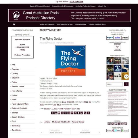 The Flying Doctor
Screenshot of the podcast listing on the Great Australian Pods website