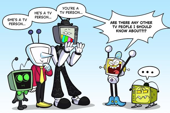 Show-Me-Bot screams and reaches his limit as Vee awkwardly looks at him, Tenna is speechless, and Mr. Puzzles is trying to calm him down. Evil Edna is not going to say anything without Show-Me-Bot saying "Screw it, I'm out of here."