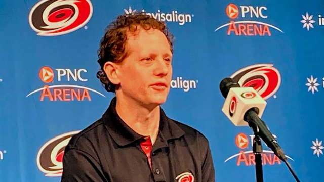Carolina Hurricanes general manager Eric Tulsky addresses media questions at press conference June 19, 2024, at PNC Arena. Photo credit: Chip Alexander, The News and Observer