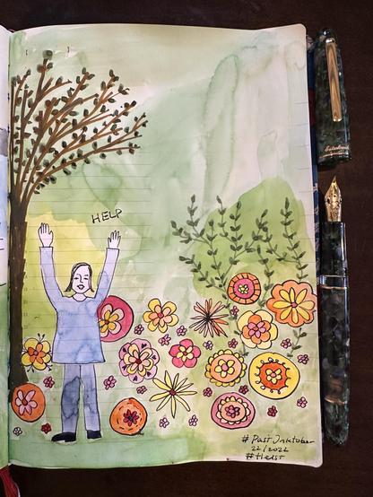 Sketch in sketchbook of me screaming help while surrounded by fantasy flowers and greenery