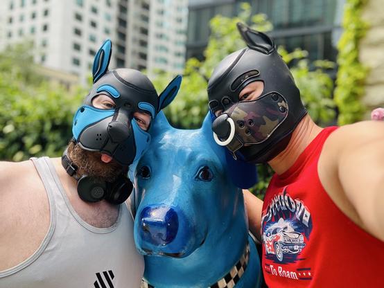 Two people pose closely on either side of a bright blue police K9 statue, their bodies angled in for a playful selfie. Both are wearing sleek neoprene puppy hoods—one in black with blue accents and upright ears, the other in camo/ black—bringing a bold, queer pup play vibe to the urban scene. The person on the left sports a light gray athletic tank top and black headphones resting around their neck, while the person on the right wears a vivid red muscle shirt emblazoned with a graphic of a classic car and the words “Born to Roam.” The blue dog statue, with its glossy finish and checkered collar, stands at the center, its expression seemingly amused by the company. Lush greenery and modern city buildings blur softly in the background, framing this vibrant, subversive moment of queer joy and camaraderie.