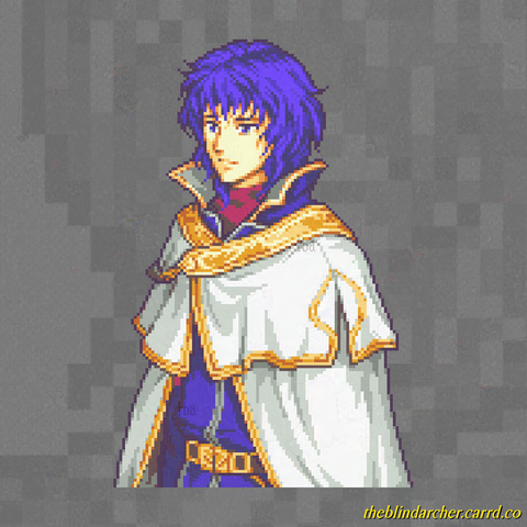 A 16 bit pixel art portrait of a fair-skinned young man with unkempt wavy blue hair and blue eyes.  He wears a high collared blue jacket over a burgundy turtleneck and under a white cloak with gold trim.  The art is of the character Pelleas from Fire Emblem: Radiant Dawn.