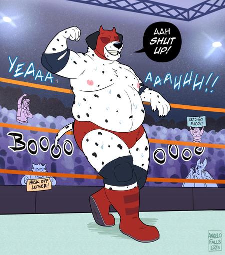 An illustration of Rico, a chubby anthropomorphic male Dalmatian dog with a smug expression. Wearing a mask with short devil horns, wrestling briefs, boots, elbow and knee pads. He's leaning against the ropes of the wrestling ring while flexing his arm. A mix of the crowd are cheering and booing. A sheep holds up a "Lets go Rico!" sign while a canine is holds up a "Mask Off Loser!" sign. Rico says "AAH SHUT UP!"