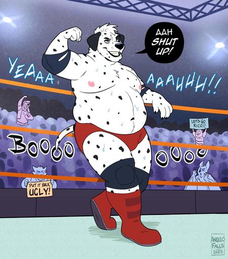 An illustration of Rico, a chubby anthropomorphic male Dalmatian dog with a smug expression. Wearing wrestling briefs, boots, elbow and knee pads. He's leaning against the ropes of the wrestling ring while flexing his arm. A mix of the crowd are cheering and booing. A sheep holds up a "Lets go Rico!" sign while a canine now holds up a "Put it back, Ugly!" sign. Rico, now maskless says "AAH SHUT UP!"