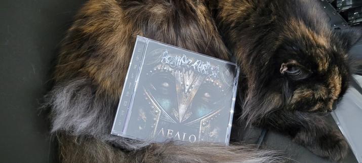 A long haired tortie cat curled up to sleep, and in her fur, a CD album. Album cover is a close-up of a face in a bronze helmet with a sharp triangular noseguard. The face has blueish skin and bright eyes with no pupils. Band name "Rotting Christ" is at the upper edge, in very hard to read font, while album name "Aealo" is at the lower edge in capitals. The cat is not impressed with the album and is doing her best to ignore it.