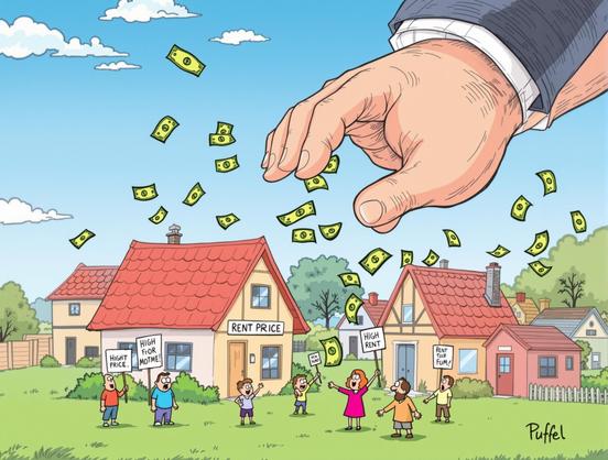 Das Bild zeigt eine sarkastische Karikatur eines Dorfes mit extrem hohen Mieten. Eine riesige Hand, die von oben kommt, scheint die Bewohner zu bedrohen oder zu vertreiben. Die Dorfbewohner, darunter eine Familie, werfen mit Geldscheinen um sich, was die Absurdität der Situation betonen soll. Die Häuser im Hintergrund sind klein und niedlich, was im Kontrast zur bedrohlichen Hand steht.