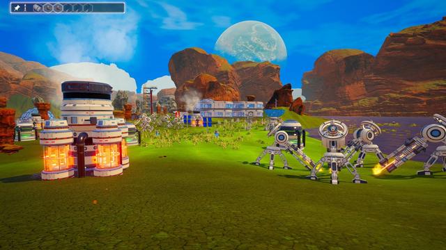 Screenshot of the game "Planet Crafter" showing progress with terraformation. Grass and flowers are visible, a space-age base and lots of equipment and machines.