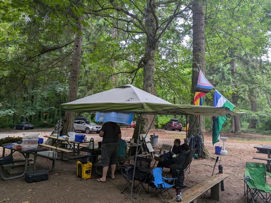 Photo of a field day station at a state park campground with a number of hams sitting around a park picnic bench under an awning.  A trans-inclusive Progress Pride flag and a Cascadia flag fly from the line hoisting in up the antenna.  This photo is from last year.