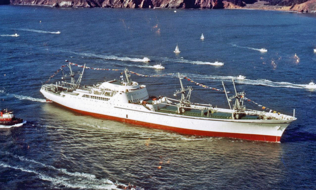 NS-Savannah sails under the golden gate bridge on its way to the worlds fair in Seattle in 1962
