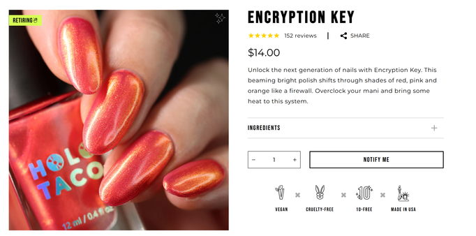 Nail polish bottle + nails wearing a red/orange base that's very shimmery (yellow shimmer), almost metallic.