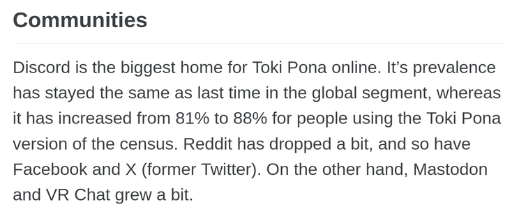 Communities

Discord is the biggest home for Toki Pona online. It’s prevalence has stayed the same as last time in the global segment, whereas it has increased from 81% to 88% for people using the Toki Pona version of the census. Reddit has dropped a bit, and so have Facebook and X (former Twitter). On the other hand, Mastodon and VR Chat grew a bit.