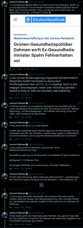 Das Bild zeigt eine Screenshot-Seite mit mehreren Twitter-Posts von Janosch Dahmen. Die Posts sind in deutscher Sprache und beinhalten kritische Kommentare zu einer Untersuchung über die Fiege-Logistik und die damit verbundenen Probleme während der Pandemie. Jeder Tweet ist mit einer Nummer versehen, die die Reihenfolge der Posts angibt. Die Posts beinhalten Informationen über die Überfordertheit der Fiege-Logistik, die Ignorierung von Warnungen durch das Innen- und Verteidigungsministerium, die unkontrollierten Verfahren von Spahn, die Verbrannten Masken, die Schadensersatzforderungen von mehr als 100 Unternehmen, die Finanzierung durch eine Raiffeisenbank und eine Sparkasse, sowie die Nähe von Spahn zu einer regionalen Wirtschaftsvereinigung. Die Posts sind mit einer Reihe von Reaktionen versehen, einschließlich Likes, Retweets und Kommentare.

Bereitgestellt von @altbot, privat und lokal generiert mit Ovis2-8B

🌱 Energieverbrauch: 2.834 Wh